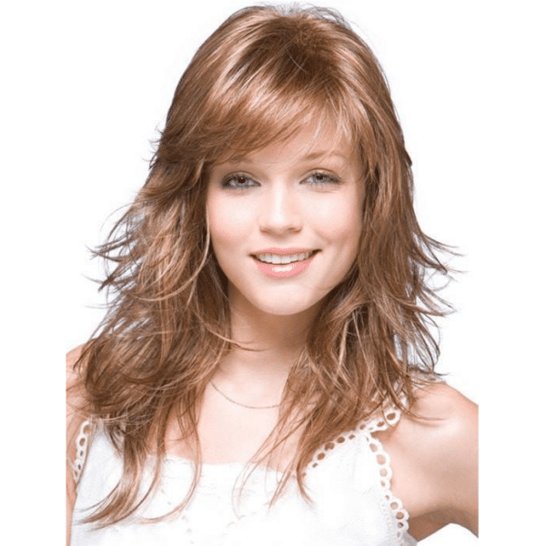 felicity copper glaze blonde red auburn colored styles medium long wavy curly wig with bangs face framing wig for crossdressers transgender women men crossplay cosplay cancer hair loss