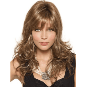 avery maple sugar long curly brown blonde wig with bangs face framing high quality synthetic fibers hair crossdressers transgender women men sissy cuckhold forced feminization crossdressing hair loss cancer alopecia