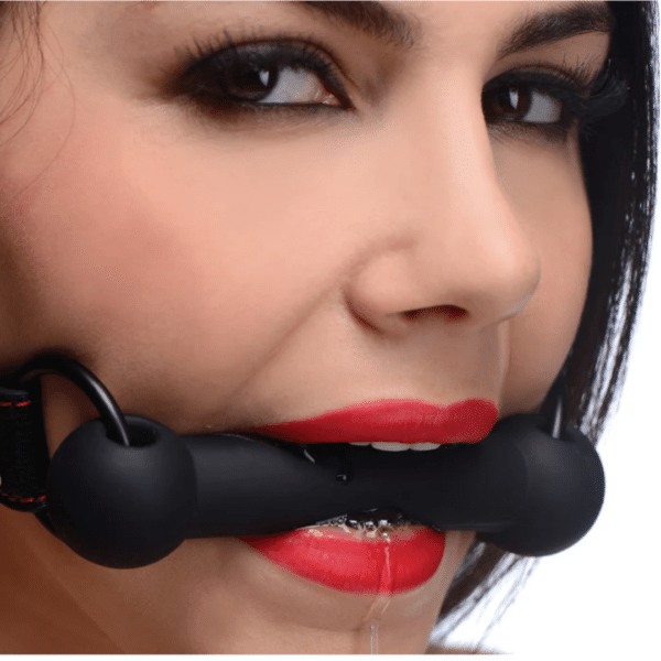 strict silicone bit gag mouth gag sensory play buckle closure black and red stitching comfortable fit silicone bit