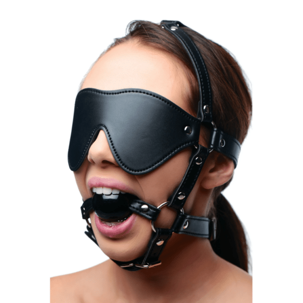 strict blindfold and ballgag harness extreme sensory play bdsm bondage gag comfortable adjustable straps belt buckle closures leather straps