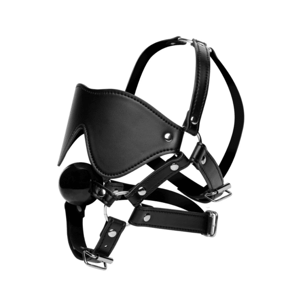 strict blindfold and ballgag harness extreme sensory play bdsm bondage gag comfortable adjustable straps belt buckle closures leather straps