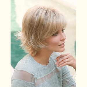 sky creamy toffee blonde short shaggy mature hairstyle wig with bangs crossdresser transgender hairloss cancer alopecia hair synthetic fibers high quality
