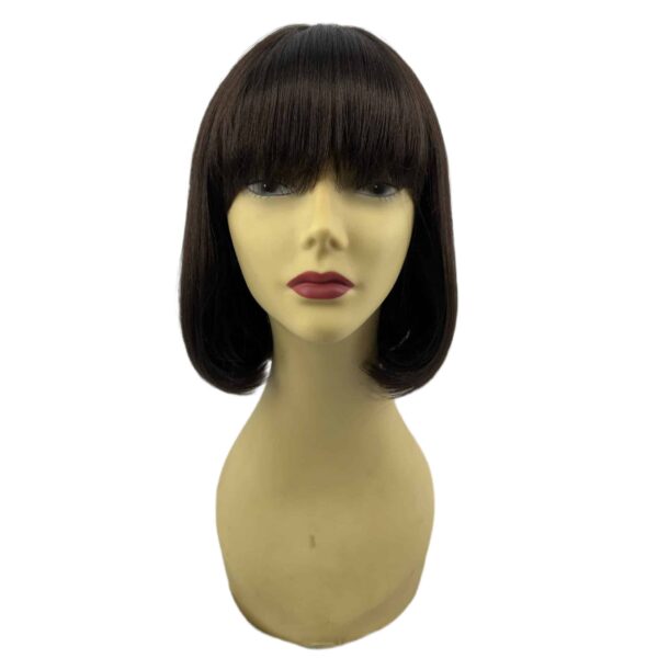 party page dark brown short styled bob with bangs wig synthetic fibers high quality low cost crossdressers transgender crossplay cosplay hair loss