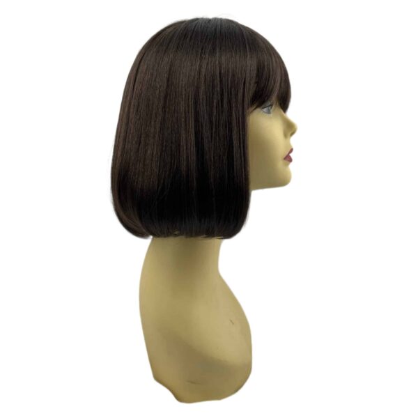 party page dark brown short styled bob with bangs wig synthetic fibers high quality low cost crossdressers transgender crossplay cosplay hair loss