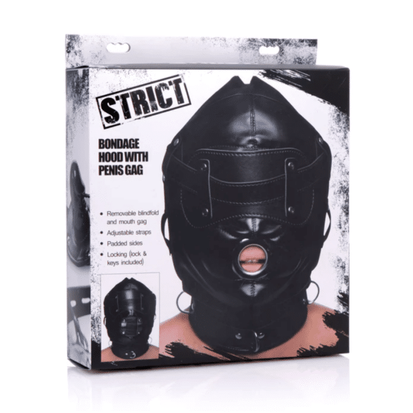 strict bondage hood with penis gag black tie and buckle closure sensory play gag removable blindfold and gag locking hood lock and keys