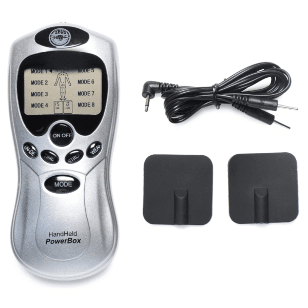 zeus handheld 8 mode power box estim electrosex electric shocking muscles relax nerves leads and adhesive pads