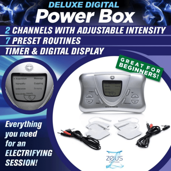zeus electrosex deluxe digital power box electric leads zapping shocking stinging nerves muscles relax adhesive pads