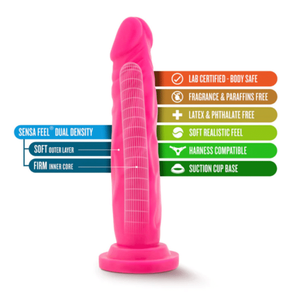 neo 7.5 inches dual dens cock neon pink realistic and veiny dildo strap on harnesss compatible suction cup base bright pink realistic feel and look