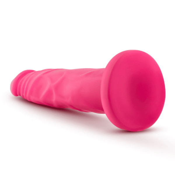 neo 7.5 inches dual dens cock neon pink realistic and veiny dildo strap on harnesss compatible suction cup base bright pink realistic feel and look