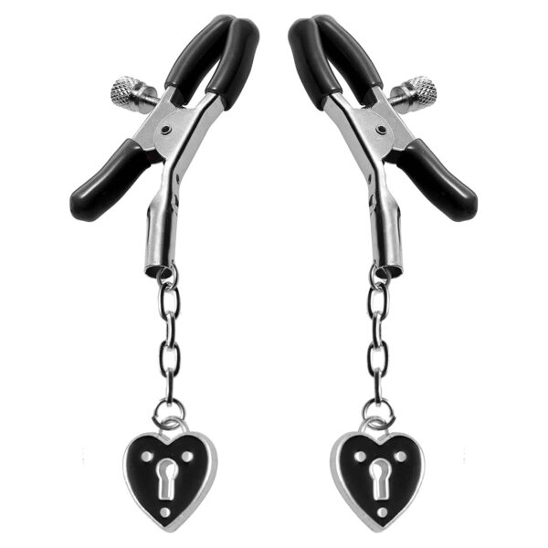 Master series charmed heart padlock black nippkle clamps nipple play pinch