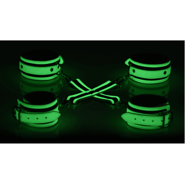 master series kink in the dark glow hogtie set green bright neon white wrist and ankle cuffs bondage bdsm submissive dominant partner toy play