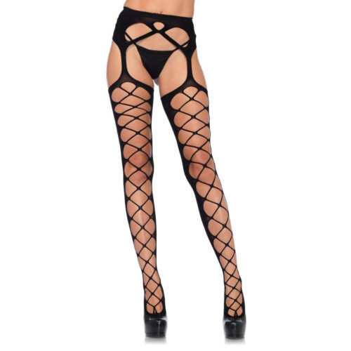 Leg Avenue Diamond Net Sheer Back Garter Belt Stockings Pantyhose for Crossdresser