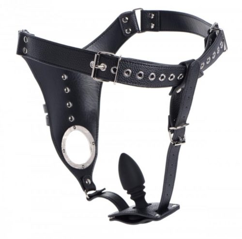 XR Brands Strict Leather Male Chastity Harness with Anal Plug for Sissy Sub
