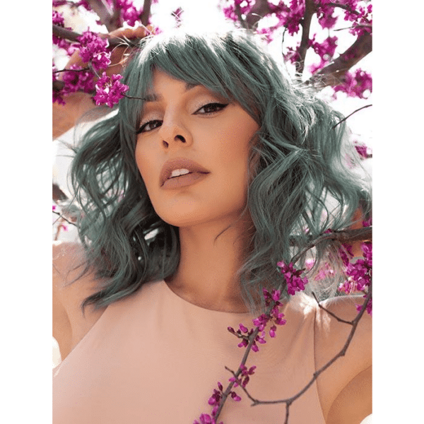 breezy waves smoky forest green short medium curly avy wig with bangs perfect for crossdressers transgender women men sissies sissy cancer hair loss alopecia high quality