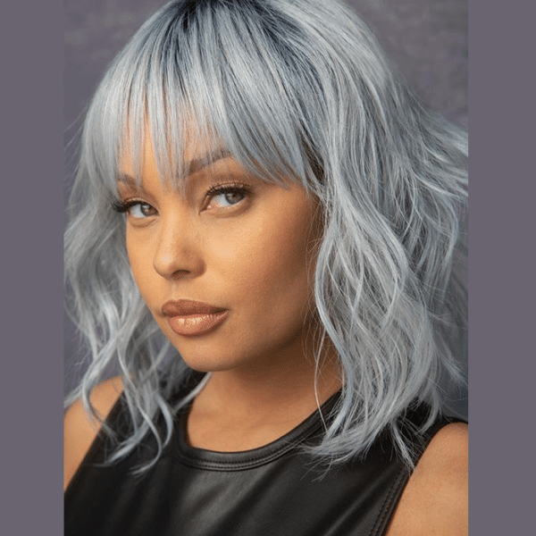 breezy waves frozen sapphire short medium grey blue wig curly wavy high quality synthetic fibers crossdressers transgender women