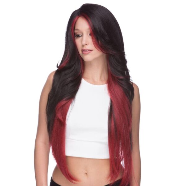 prudence red black long straight wig bangs curtain