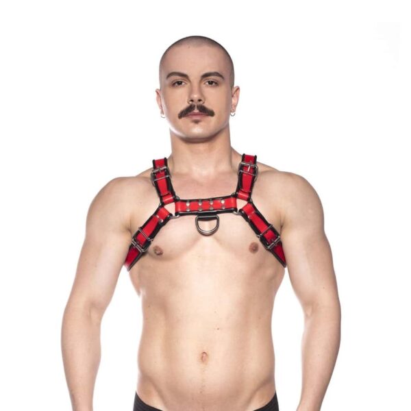 red prowler bull harness leash d ring real leather red and black kinky fetish submissive dominant sub dom chest harness