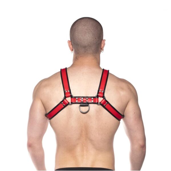 red prowler bull harness leash d ring real leather red and black kinky fetish submissive dominant sub dom chest harness