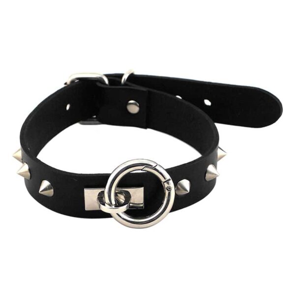 rouge studded leather collar o ring stainless steel dog collar black buckle pet play submissive dominant domme leash