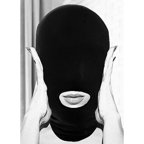 black and white ouch submission mask black open mouth sensory play dark breathable sub dom domme submissive kinky sex