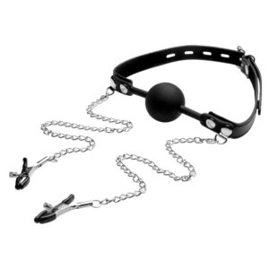 strict silicone ball gag with nipple clamps black lucking buckle ball gag sex toy sensory play gagging leather straps metal nipple clamps