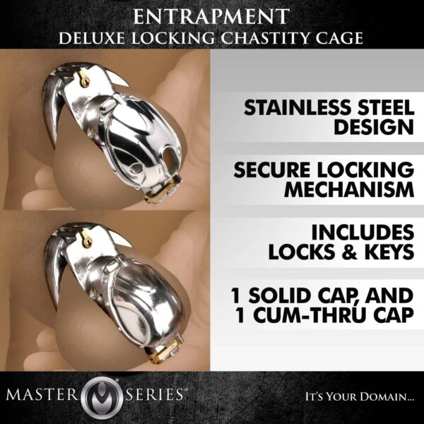 entrapment deluxe steel chastity cage cbt cock cage chastity device lock the cock locked up steel cage silver locked key key holder submissive sissy master series dominant