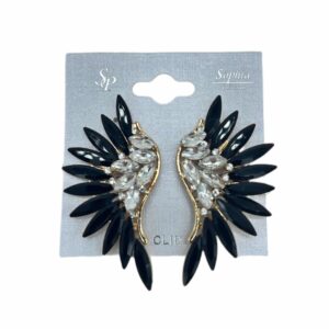 wing clip on earrings black and silver diamond drag performers sunday church prom homecoming crossdressers sexy shiny jewelry