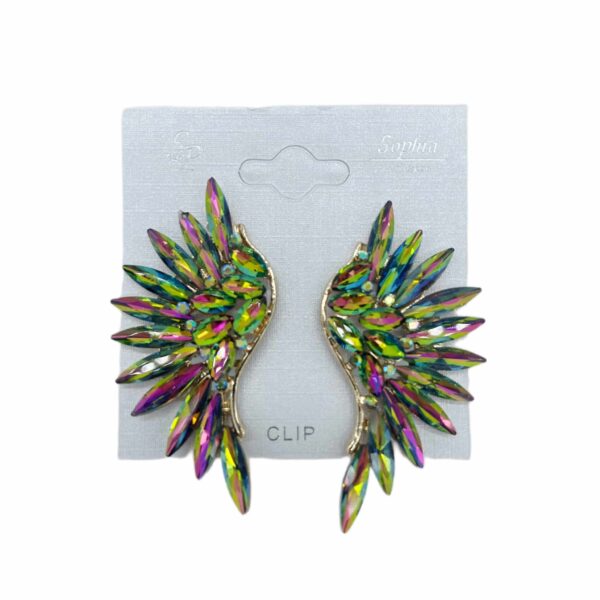 wing clip on earrings peacock crystals gemstones rainbow drag queen crossdressers performers busniss party bling fun earring jewelry