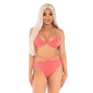no regrets bra and panty set coral strapy bikini style lingerie pink sexy rave stripper outfit