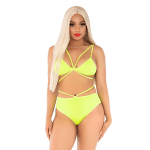 no regrets bra and panty set neon yellow bikini style rave and stripper outfit strappy lingerie style