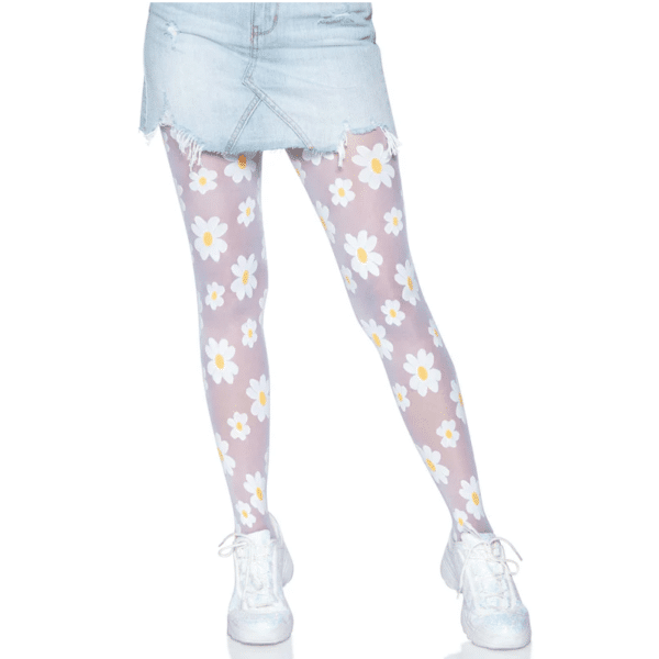 leg avenue 7752 daisy sheer tights fun summer spring tights stocking pantyhose white and yellow daisies cute cottage core vibes fairy