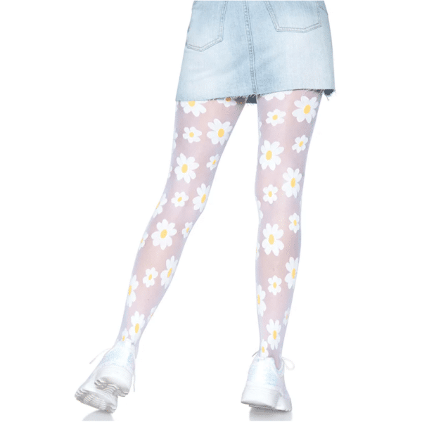 leg avenue 7752 daisy sheer tights fun summer spring tights stocking pantyhose white and yellow daisies cute cottage core vibes fairy
