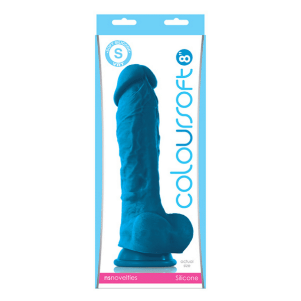 coloursoft soft silicone dildo 8 inches blue realistic veiny cock with balls medium average sized penis pleasurable vaginal anal sex strap on harness compatible suction cup base
