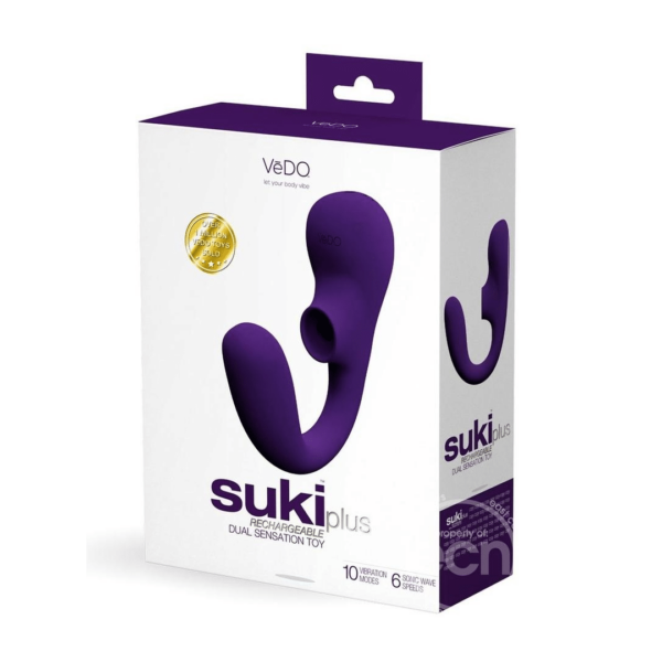 vedo suki plus rechargeable silicone dual vibrator deep purple clit clitoral and g spot stimulator 6 sonic wave modes 10 vibration speeds sensation toy