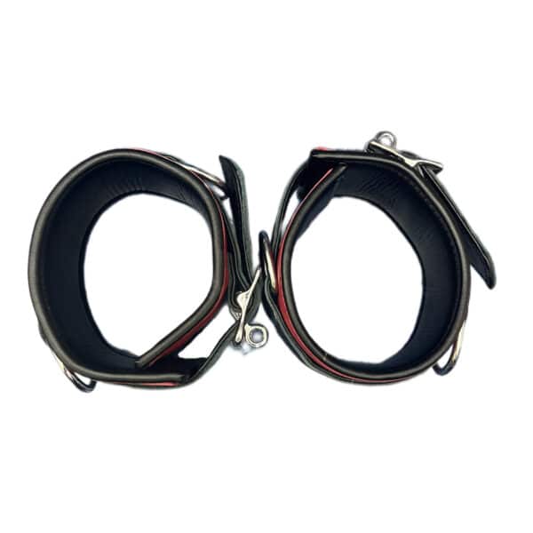AD102 Locking Leather Ankle Cuffs Black Red bdsm bondage handcuffs roleplay kinky tie me up ropebunny slave submissively sub submissive