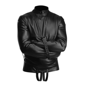strict faux leather straight jacket black medical play fetish wear restraints bdsm kinky roleplay asylum buckle dual crotch straps sub submissive domme dom dominant