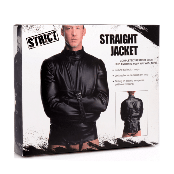 strict faux leather straight jacket black medical play fetish wear restraints bdsm kinky roleplay asylum buckle dual crotch straps sub submissive domme dom dominant