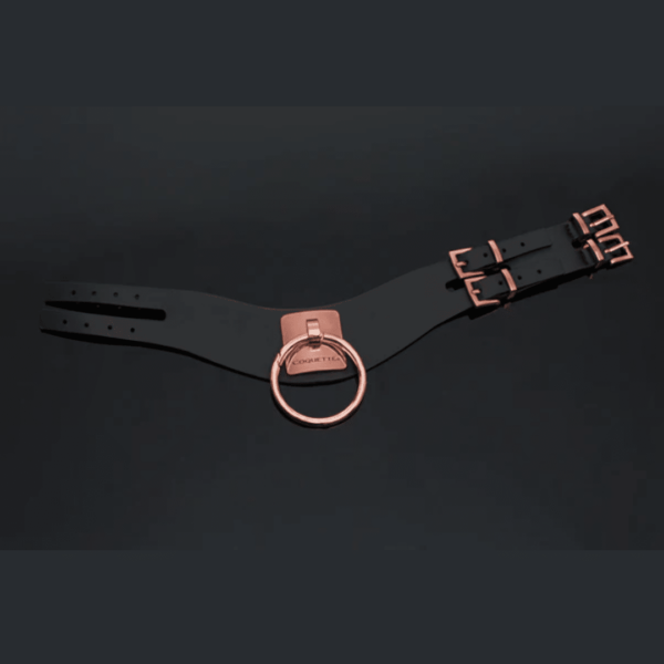 coquette vegan leather collar black and rose gold large o ring sexy bondage bdsm pet play leash doggy submissive dominant