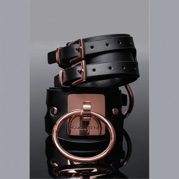 coquette vegan leather handcuffs black and rose gold metal restraints bondage bdsm kinky wristcuffs