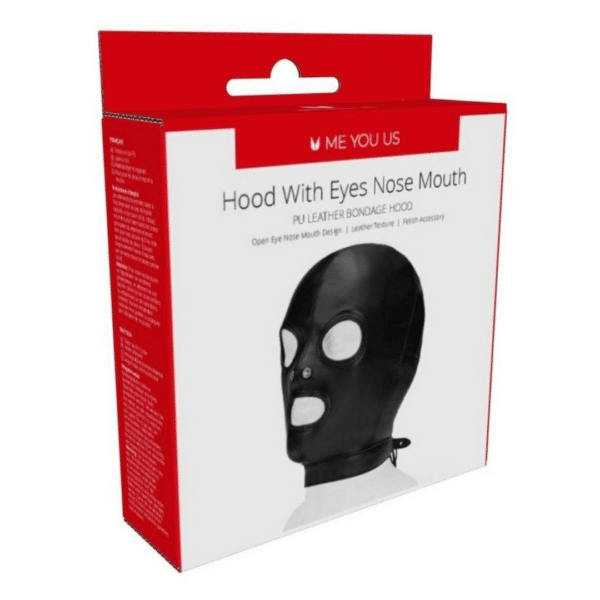 me you us pu leather bondage hood with eyes nose mouth sensory play face mask disguise kinky bdsm buckled lace closure