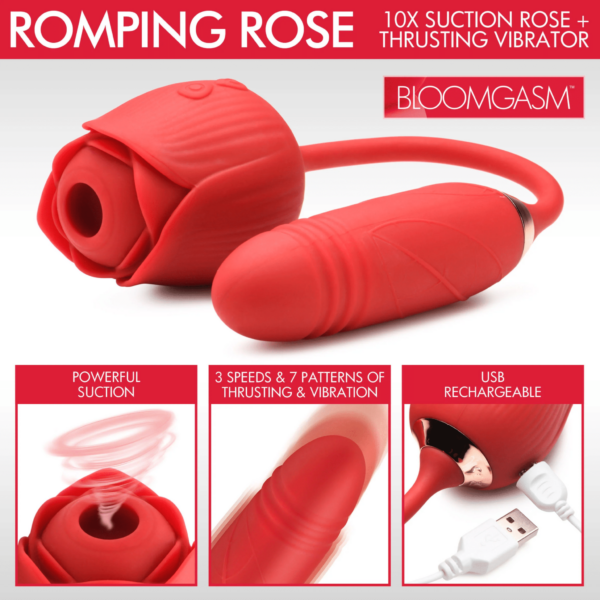 bloomgasm romping rose suction thrusting vibrating dildo dual stimulator g spot stimulation and clitoral stimulation orgasm sex toy for women