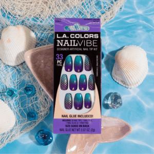 la colors nail vibe designer nails mermaid dream scalloped fish scales puple blue teal ombre and gold detailing pretty fun press on nails 33 oiece set acrylic nails glue included high quality comes with prep aid