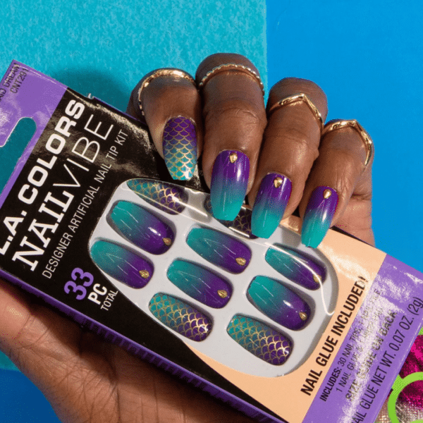 la colors nail vibe designer nails mermaid dream scalloped fish scales puple blue teal ombre and gold detailing pretty fun press on nails 33 oiece set acrylic nails glue included high quality comes with prep aid