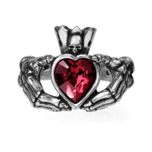 alchemy of england claddagh by night ring red heart skeleton hands ring with pewter skull crown fun gothic emo alt alternative jewelry