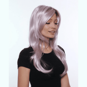 angelica lavender blush pink light purple wig with side swept bangs and brown roots high quality synthetic fiber hair loss alopecia crossdressers transgender crossplay cosplay long luscious layers