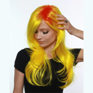 Angelica mango sunrise orange and yellow bright fun wig with side swept bangs high quality synthetic fibers fire crossdressers transgender crossplay cosplay hair loss alopecia