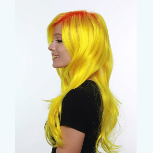 Angelica mango sunrise orange and yellow bright fun wig with side swept bangs high quality synthetic fibers fire crossdressers transgender crossplay cosplay hair loss alopecia