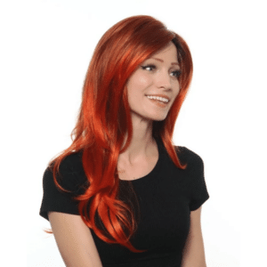 angelica red copper long straight wig with side swept bangs high quality synthetic fibers red firery red bright fun sexy wigs for crossdressers transgender women men crossplay cosplay hair loss alopecia