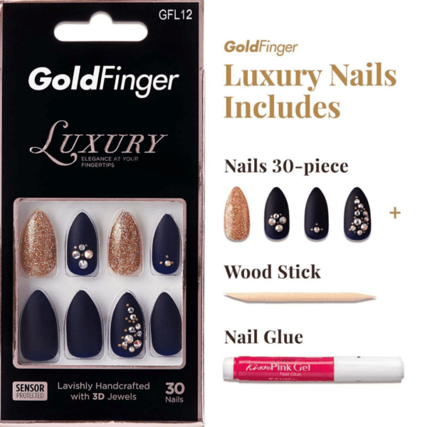 goldfinger nails luxury 12 gold sparkle navy gems rhinestones press on nails