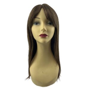 megan dark brown strawberry medium length high quality human hair wig with side swept bangs lace front mono part middle part crossdressers transgender hair loss alopecia